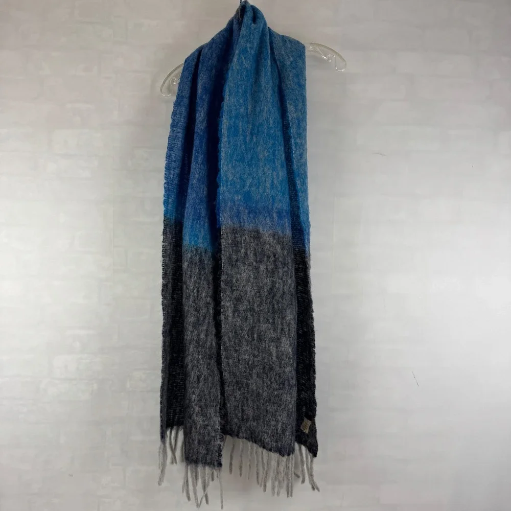 J.Crew Colorblock Wool Blend Fringe‎ Scarf Blue Gray Made in Italy